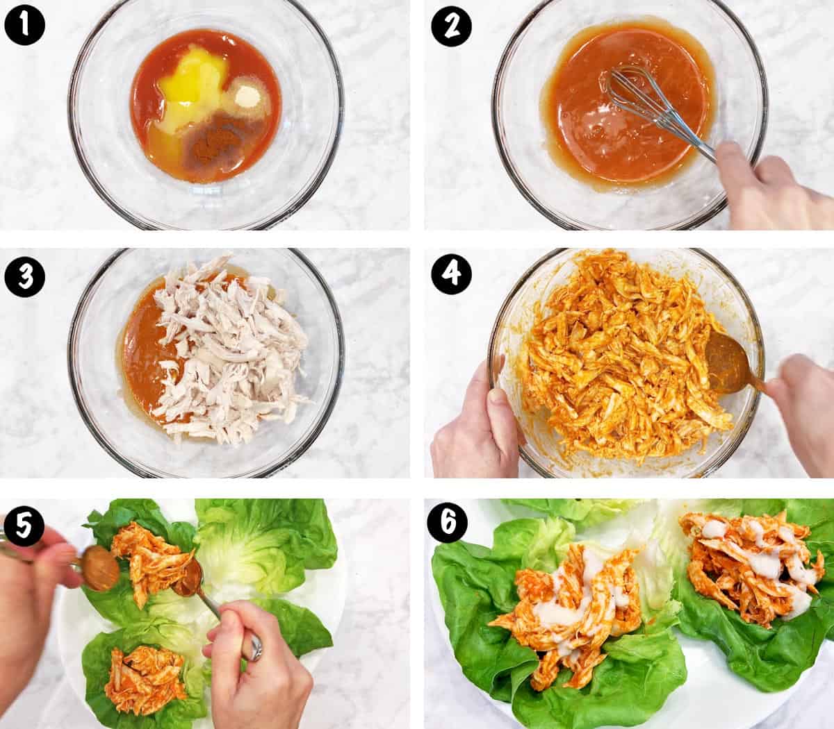A six-photo collage showing the steps for making buffalo chicken lettuce wraps.