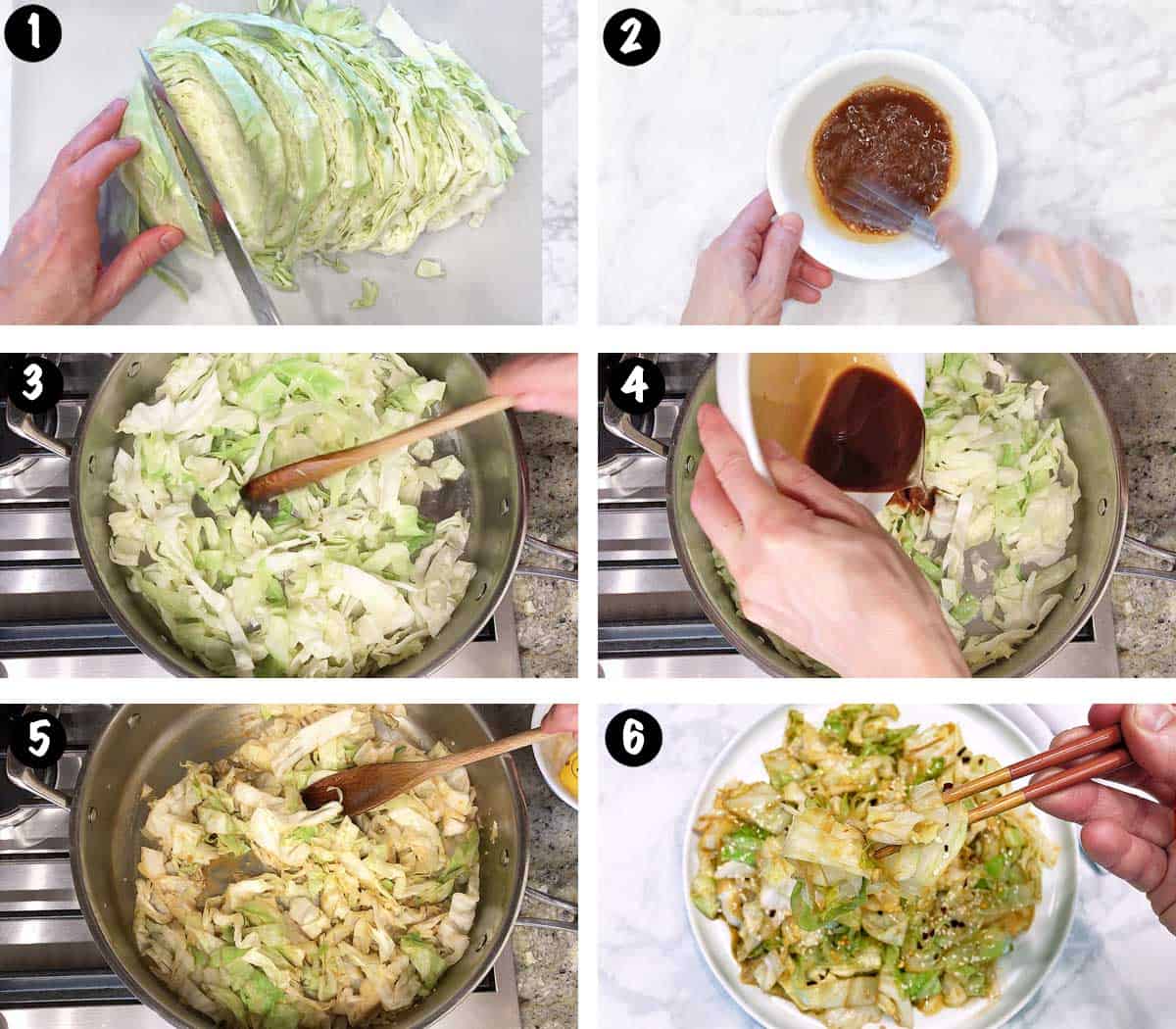 A six-photo collage showing the steps for making a cabbage stir-fry. 