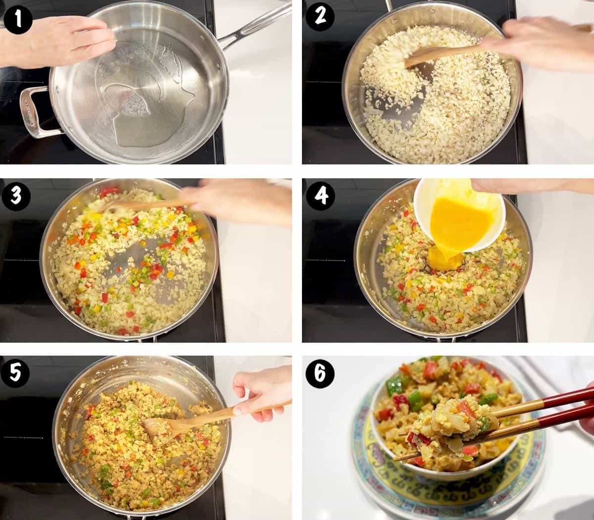 A six-photo collage showing the steps for making cauliflower fried rice. 