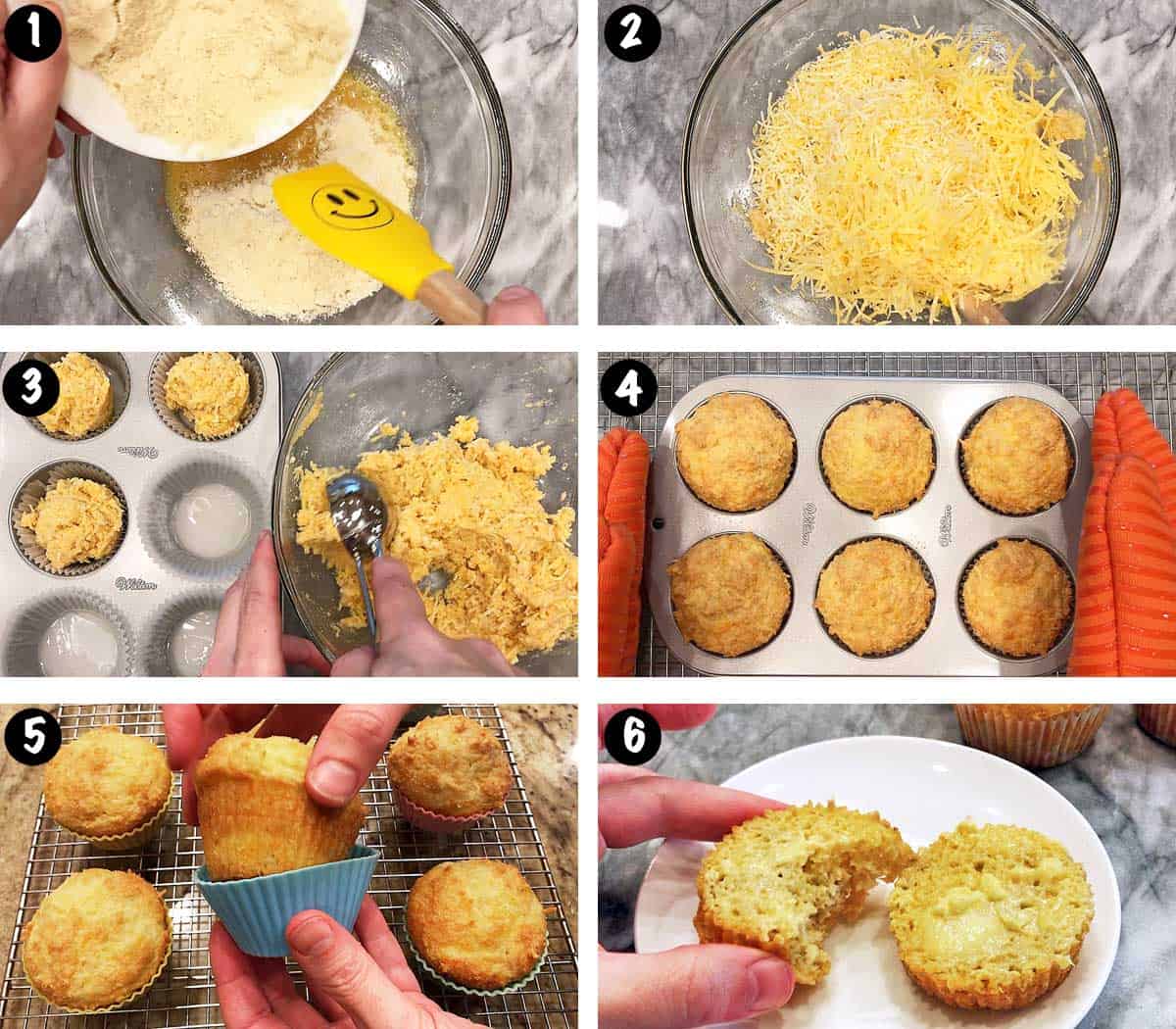 A photo collage showing the steps for making low-carb cheese muffins. 
