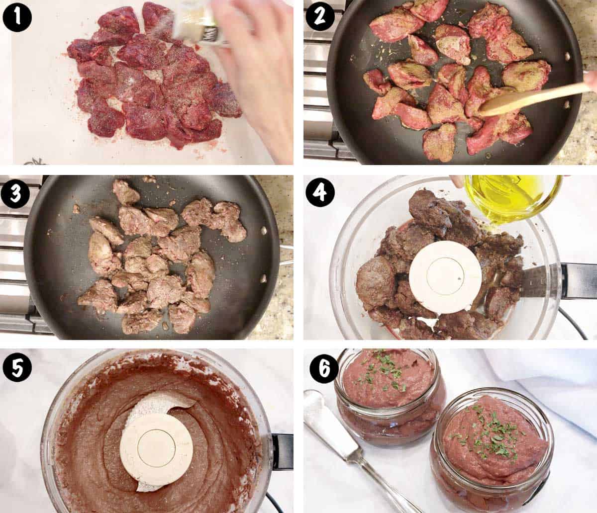 A six-photo collage showing the steps for making a chicken liver pâté.