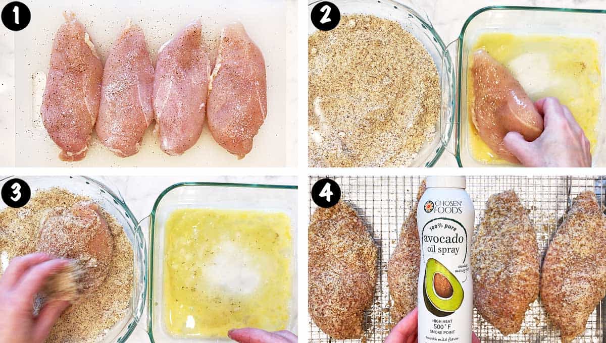 Un collage de fotos que muestra los pasos 1 a 4 para hacer pollo ceto parmesano.
