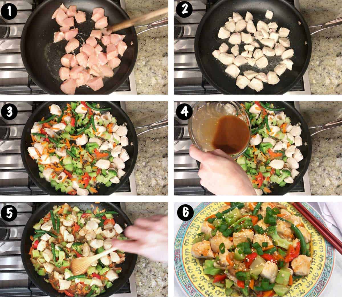 A six-photo collage showing the steps for making a chicken vegetable stir-fry.