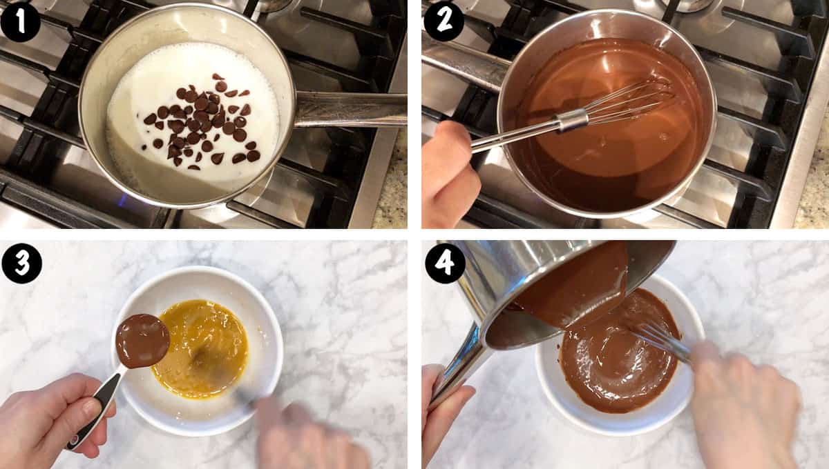 Un collage de fotos que muestra los pasos 1 a 4 para hacer natillas de chocolate. 