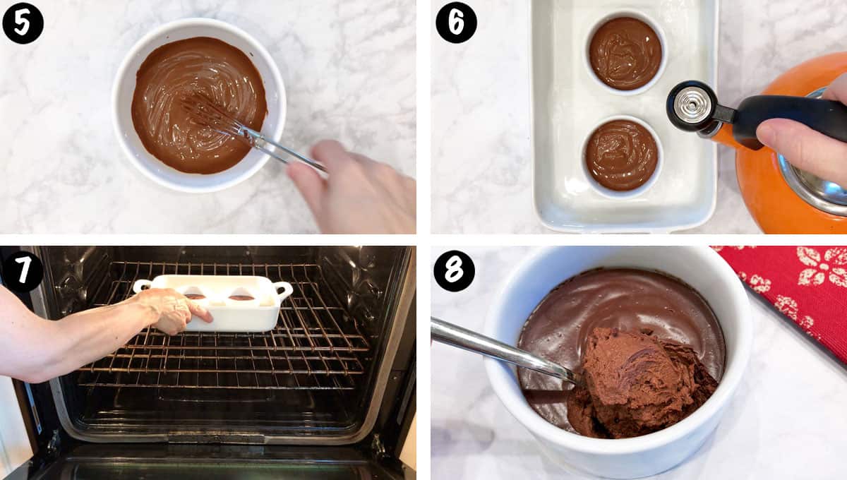 Un collage de fotos que muestra los pasos 5 a 8 para hacer natillas de chocolate. 