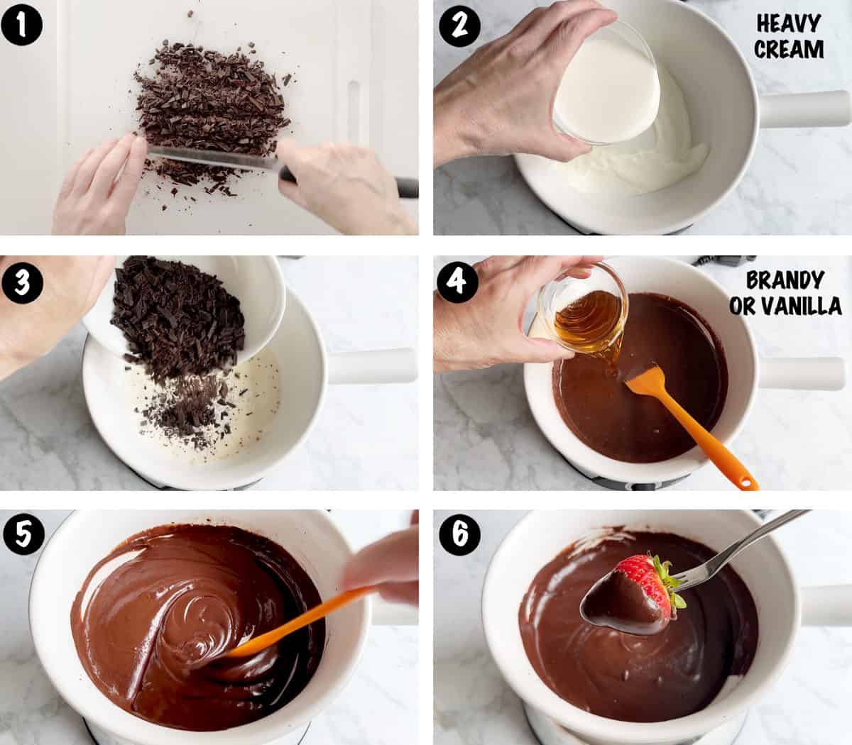 A six-photo collage showing the steps for making a homemade chocolate fondue. 