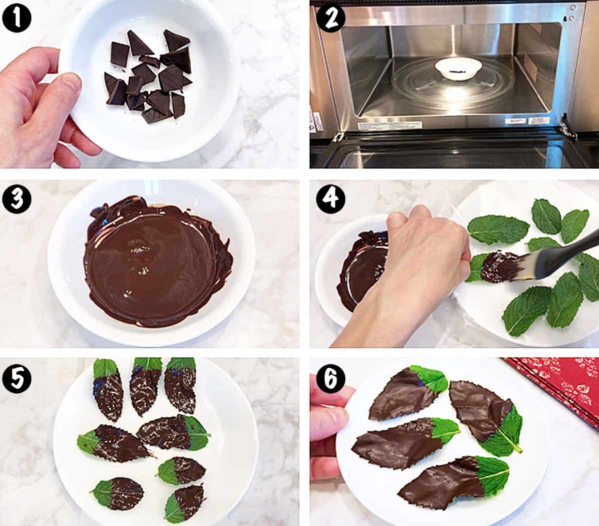 A photo collage showing the steps for making chocolate mint leaves.