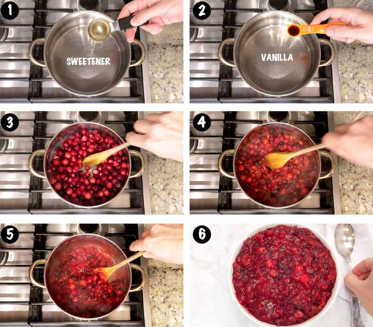 A six-photo collage showing the steps for making sugar-free cranberry sauce. 