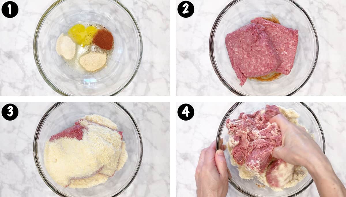 A photo collage showing steps 1-4 for making egg-stuffed meatloaf. 