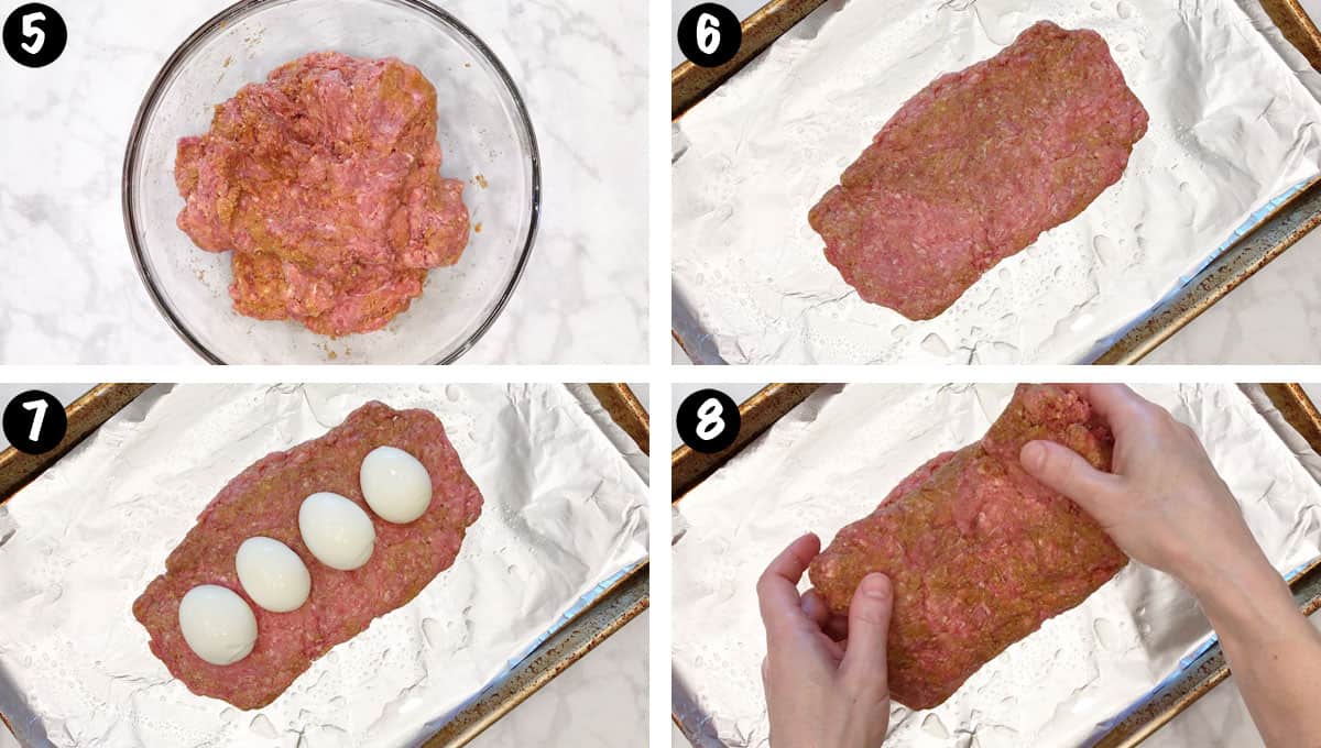 A photo collage showing steps 5-8 for making egg-stuffed meatloaf.