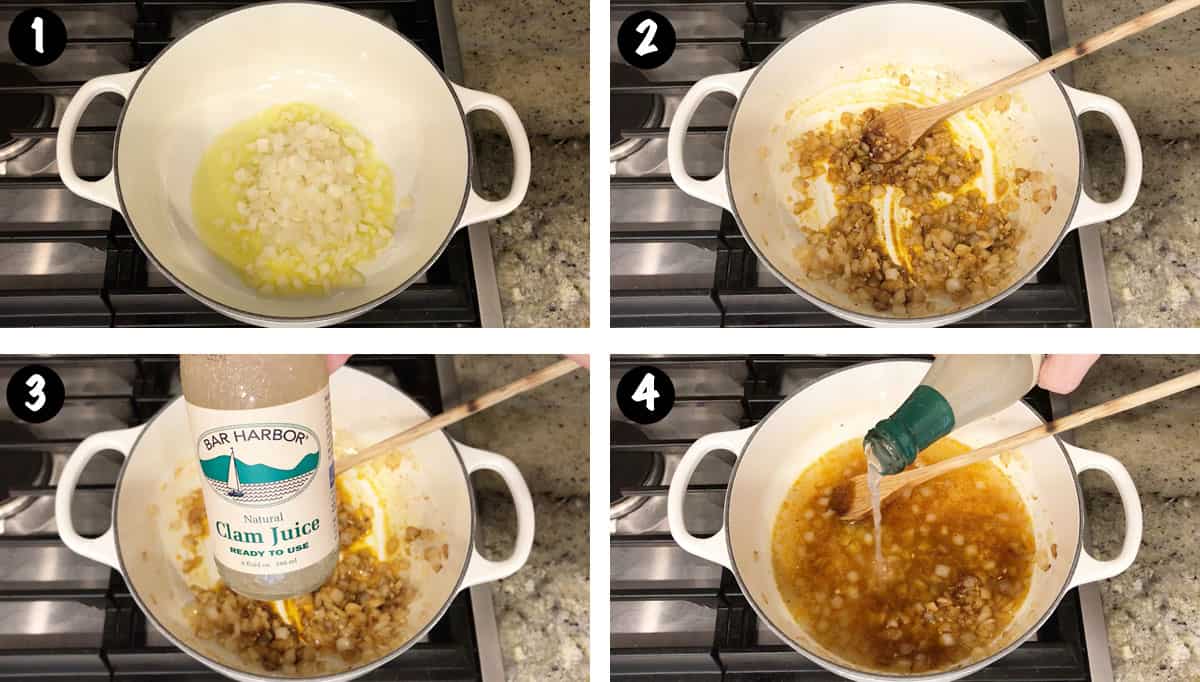 A photo collage showing steps 1-4 for making a low-carb fish chowder.