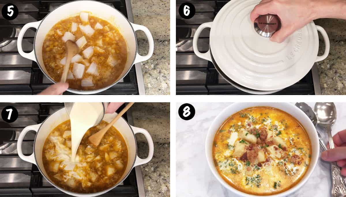 A photo collage showing steps 5-8 for making a keto fish chowder.
