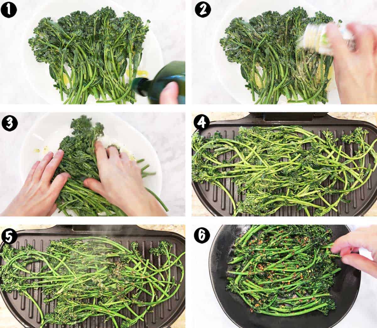 A six-photo collage showing the steps for grilling broccolini. 