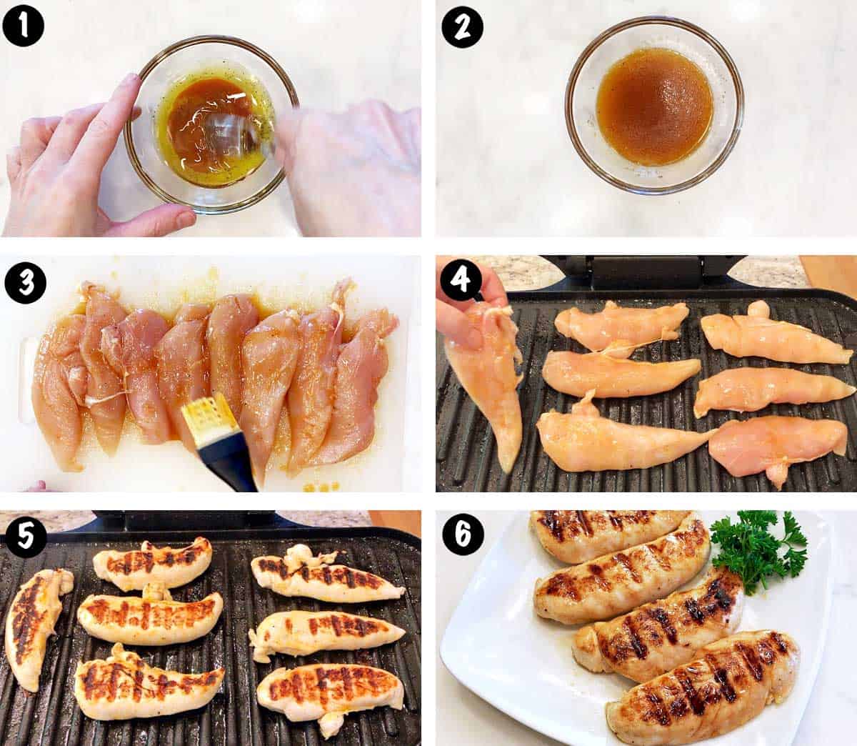 A photo collage showing the steps for grilling chicken tenders. 