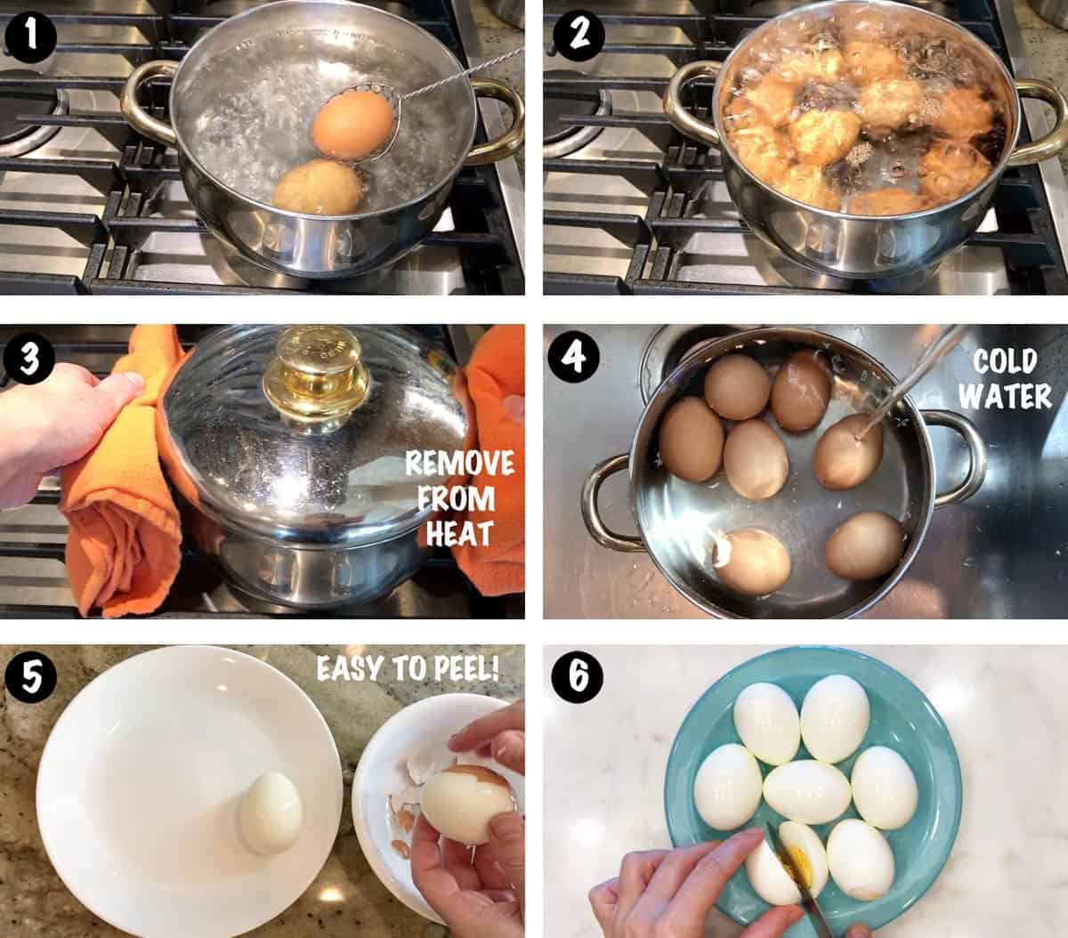 Un collage de fotos que muestra los pasos para hacer huevos duros perfectos.
