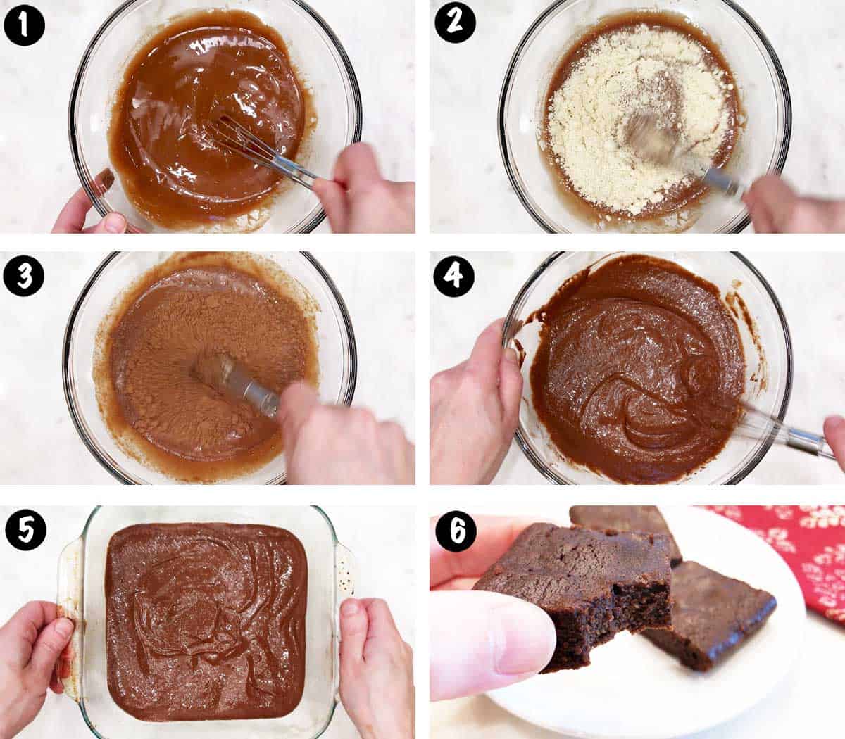 A six-photo collage showing the steps for baking keto brownies. 