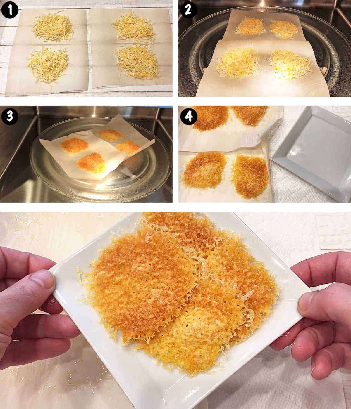 A photo collage showing the steps for making keto cheese crackers. 