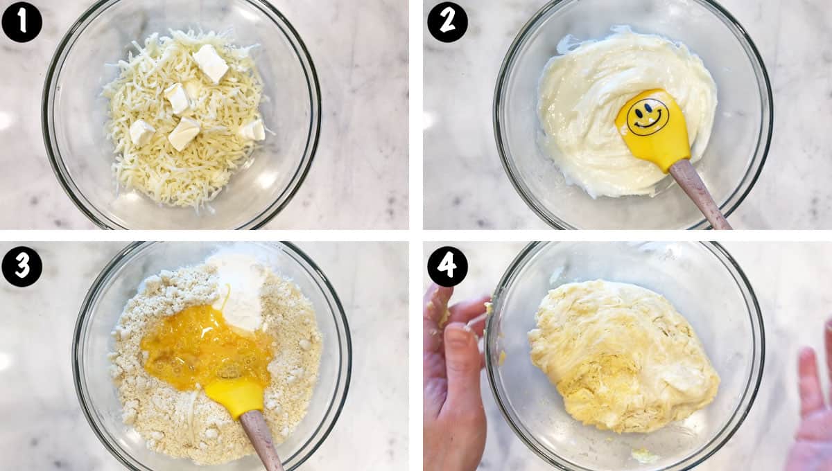 A photo collage showing steps 1-4 for making low-carb focaccia.