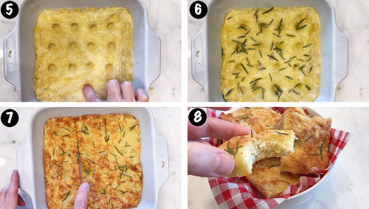 A photo collage showing steps 5-8 for making low-carb focaccia.