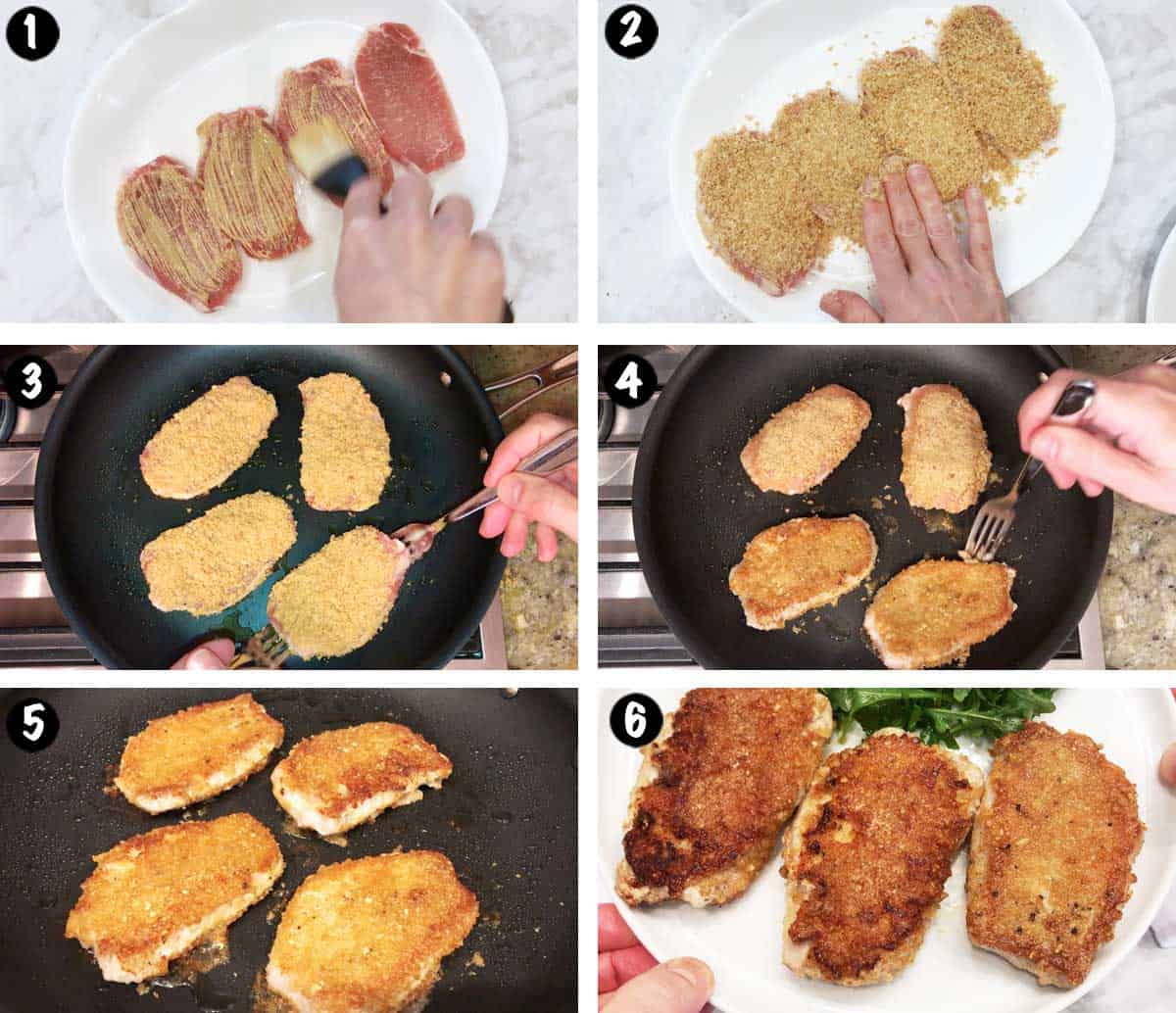 A six-photo collage showing the steps for making keto-fried pork chops.