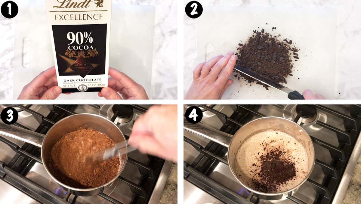 Un collage de fotos que muestra los pasos 1 a 4 para hacer chocolate caliente cetogénico.