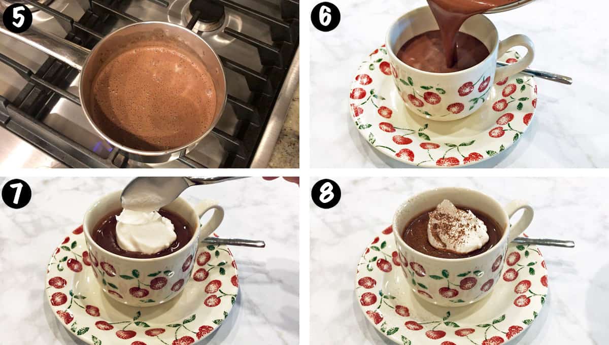 Un collage de fotos que muestra los pasos 5 a 8 para hacer chocolate caliente bajo en carbohidratos.