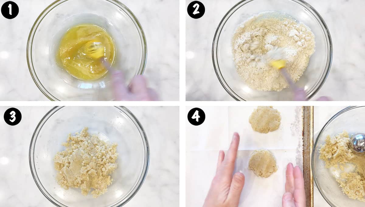 Un collage de fotos que muestra los pasos 5 a 8 para hacer galletas de mantequilla keto. 