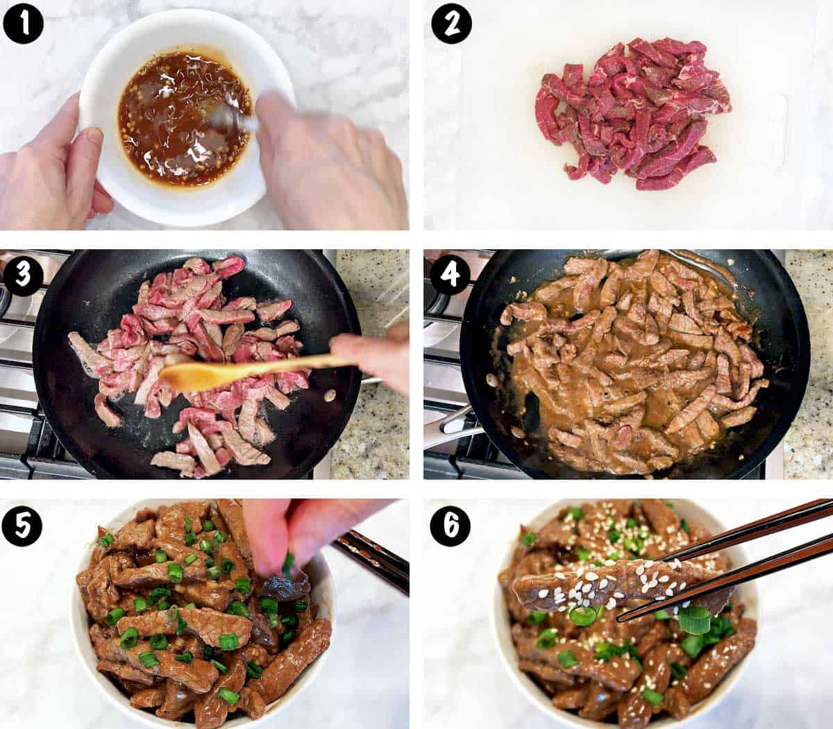 Un collage de seis fotos que muestra los pasos para hacer carne coreana. 