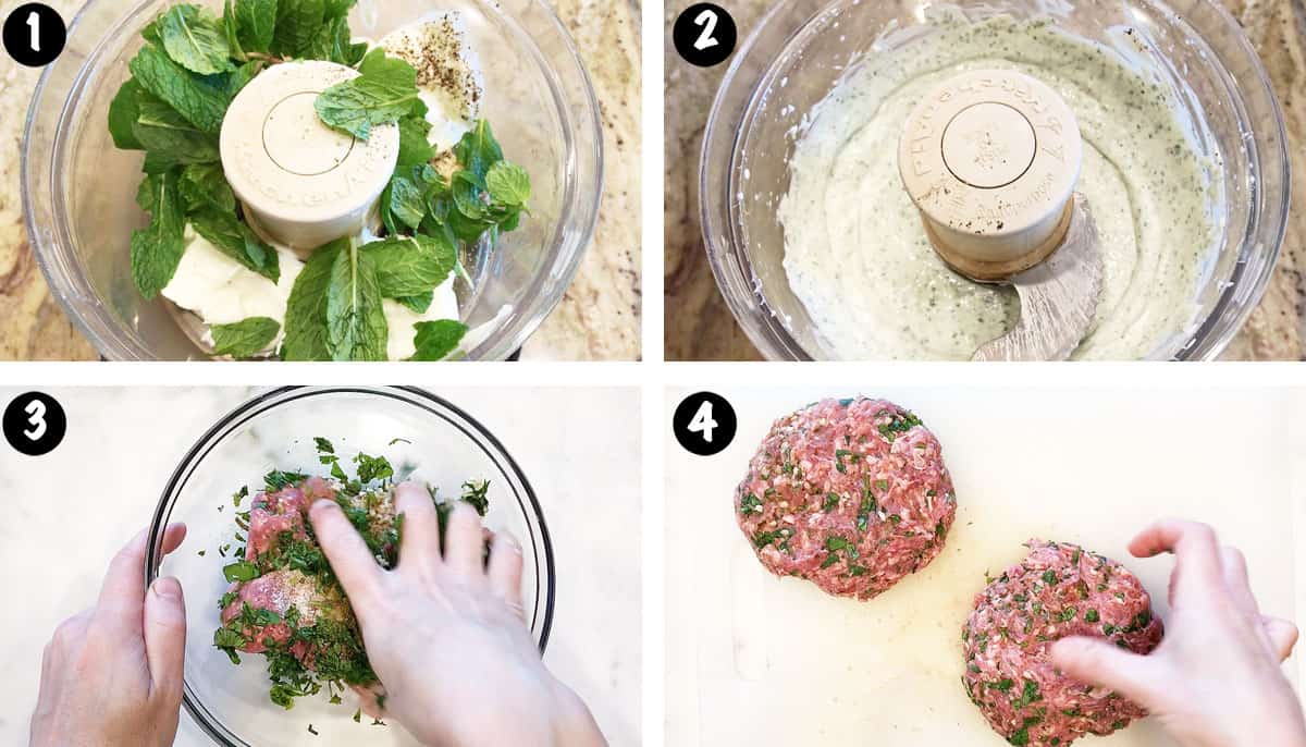 Un collage de fotos que muestra los pasos 1 a 4 para hacer hamburguesas de cordero.