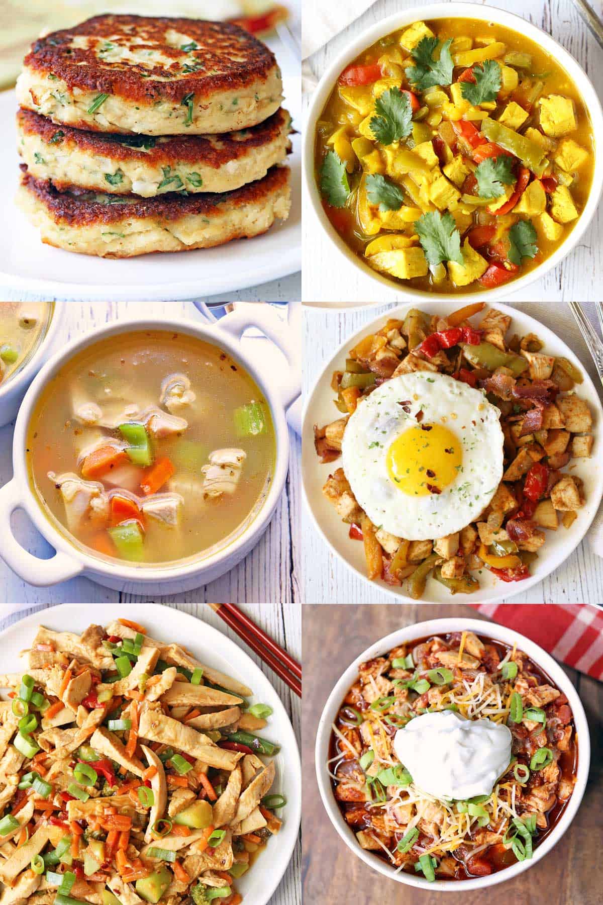 A six-photo collage featuring leftover turkey recipes.