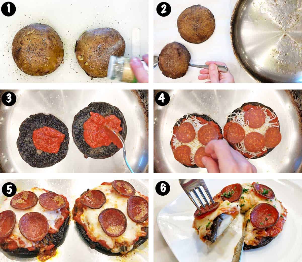 A six-photo collage showing the steps for making portobello pizza. 
