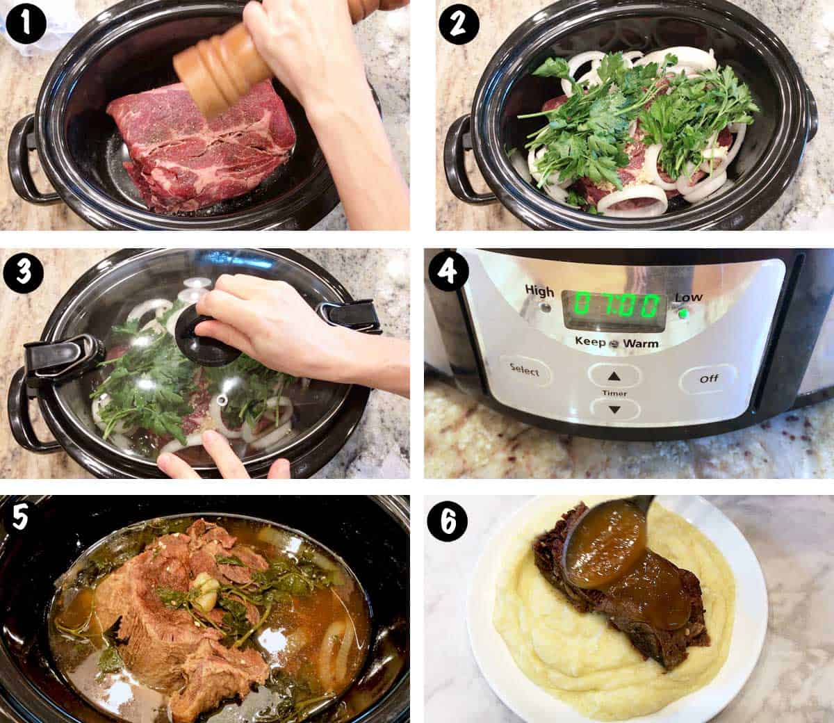 A photo collage showing the steps for making a slow cooker keto pot roast. 