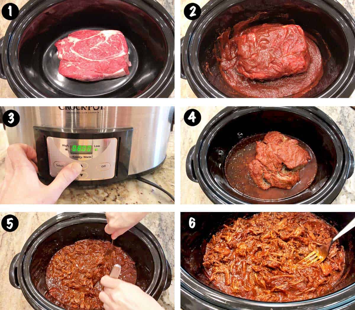 Un collage de seis fotos que muestra los pasos para hacer carne desmenuzada en la olla de cocción lenta. 