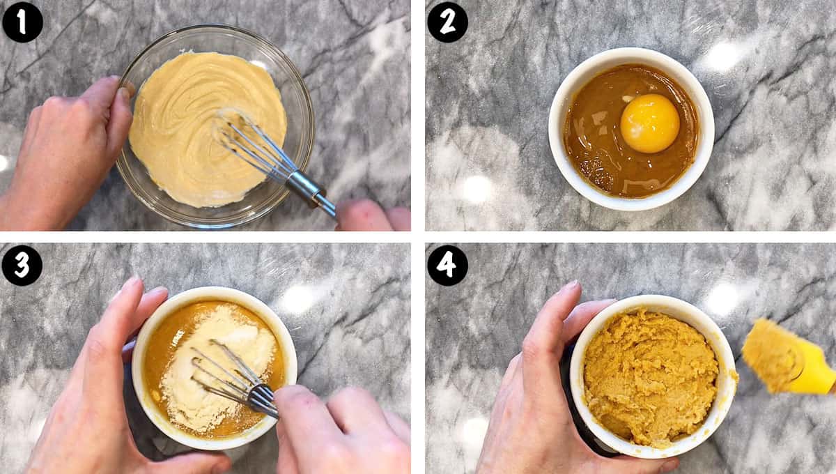 Un collage de fotos que muestra los pasos 1 a 4 para hacer un pastel de calabaza en taza. 