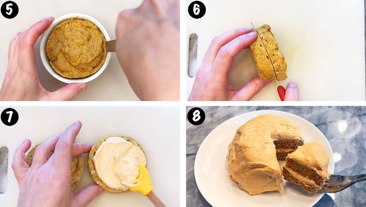Un collage de fotos que muestra los pasos 5 a 8 para hacer un pastel de calabaza en taza. 