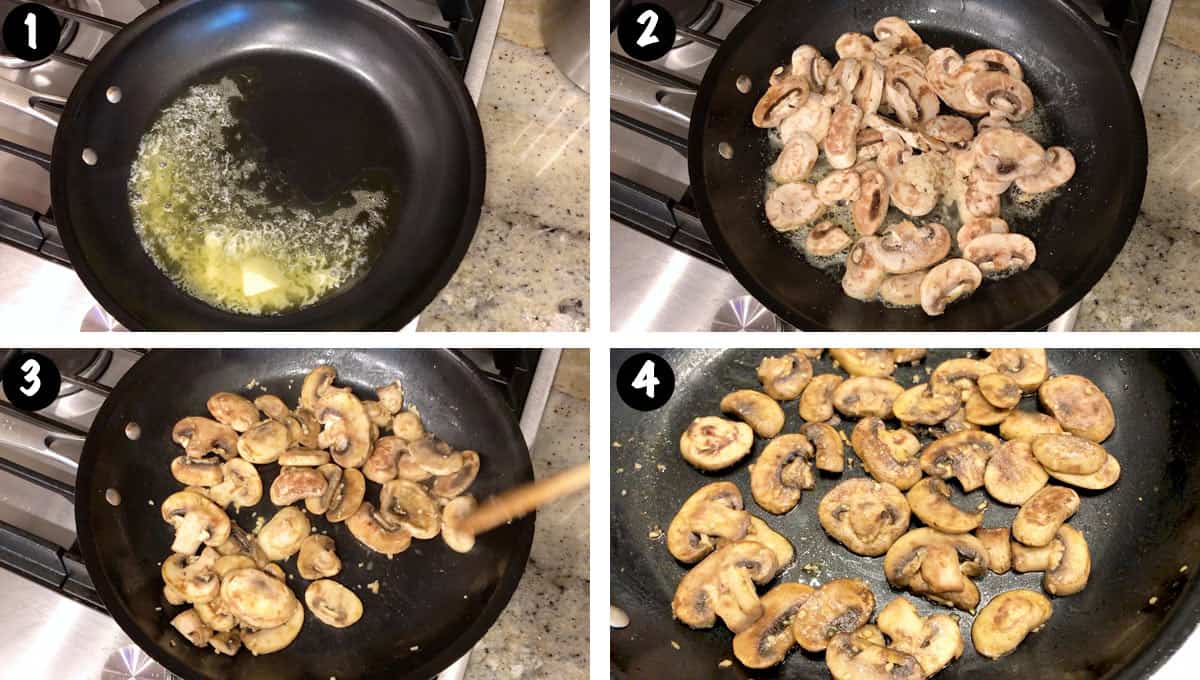 A four-photo collage showing the steps for sauteing mushrooms in butter. 