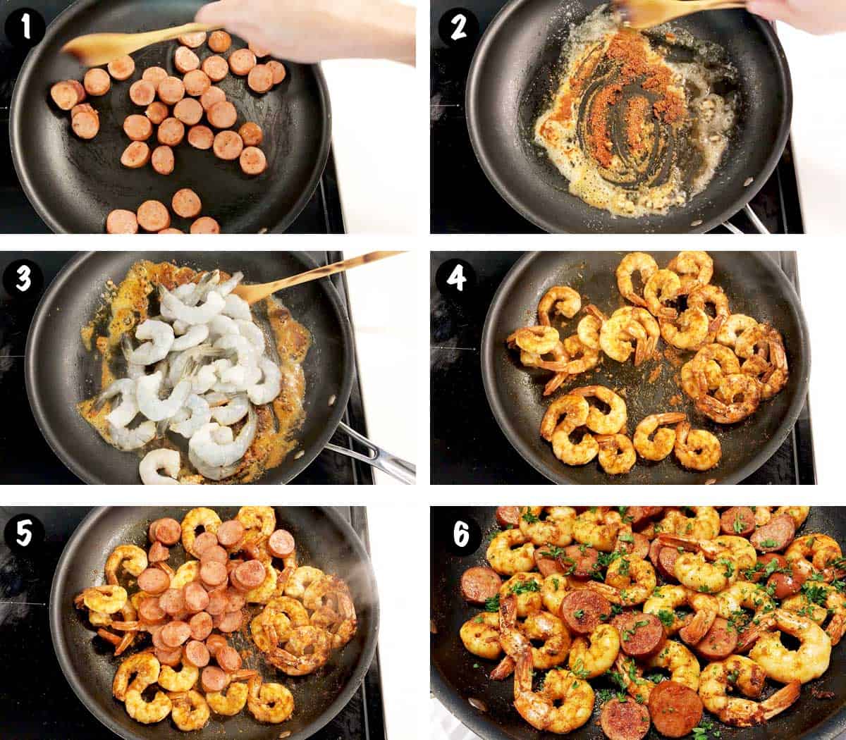 A six-photo collage showing the steps for making shrimp and sausage. 