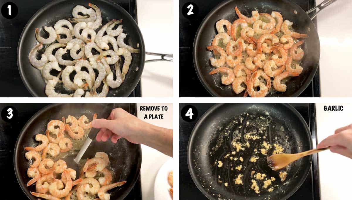 A photo collage showing steps 1-4 for making shrimp in cream sauce. 