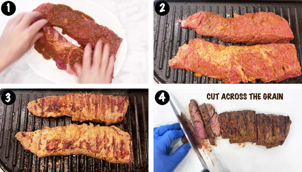 A photo collage showing how to cook a skirt steak on the grill, then slice it across the grain. 