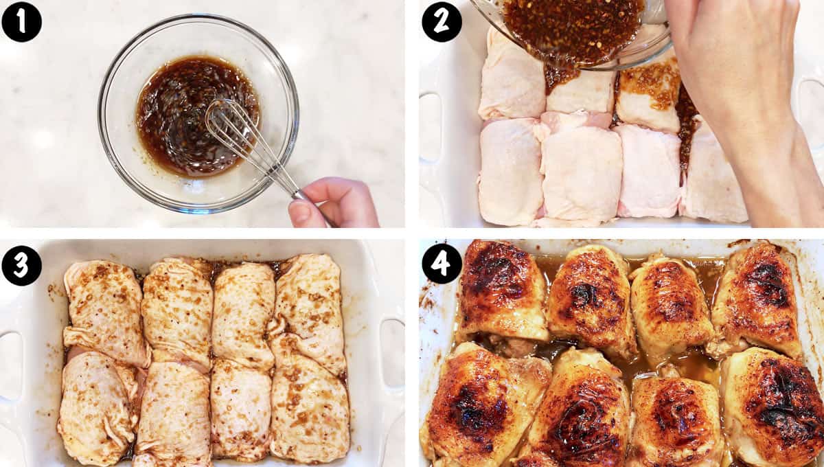 A photo collage showing the steps for making soy sauce chicken. 