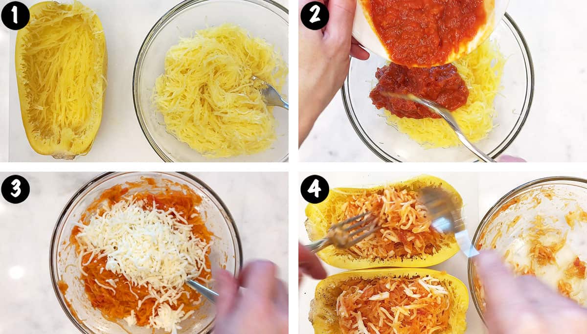 Un collage de fotos que muestra los pasos 1 a 4 para hacer botes de calabaza espagueti. 