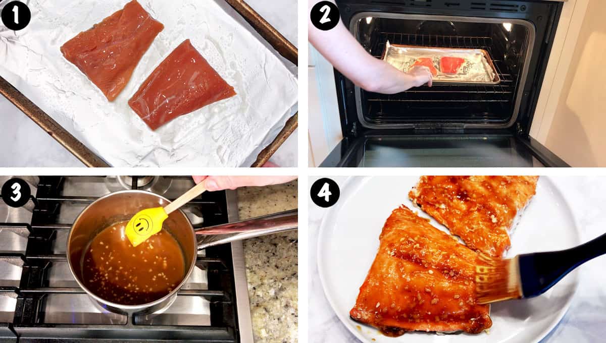 A four-photo collage showing the steps for preparing salmon teriyaki. 