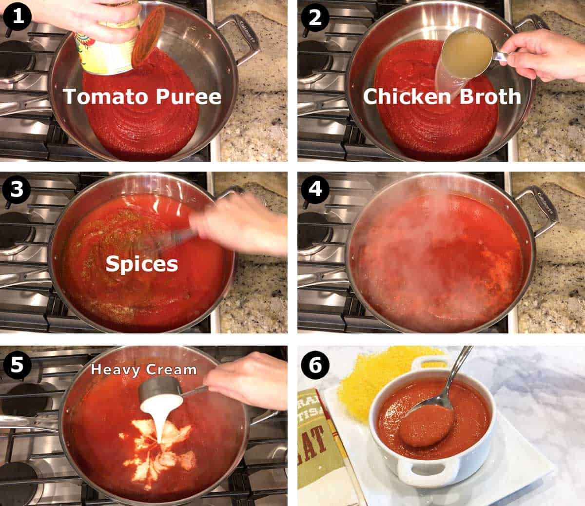 A six-photo collage showing the steps for making an easy tomato soup.  