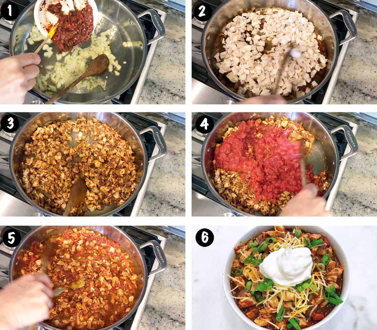 A six-photo collage showing the steps for making a turkey chili. 