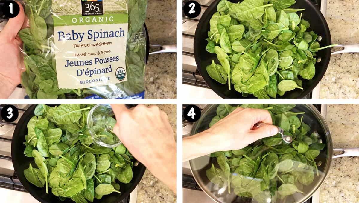 A photo collage showing steps 1-4 for making steamed spinach. 