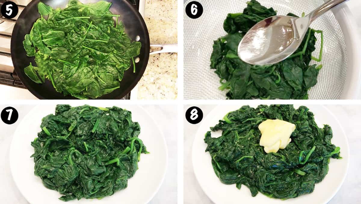 A photo collage showing steps 5-8 for steaming spinach. 