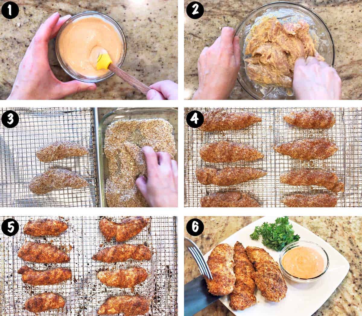 A six-photo collage showing the steps for making almond flour chicken tenders. 