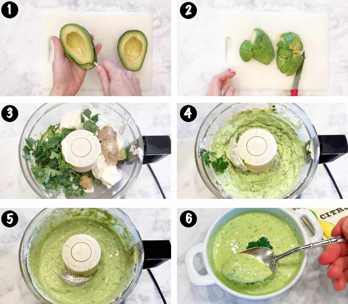A six-photo collage showing the steps for making an avocado soup. 