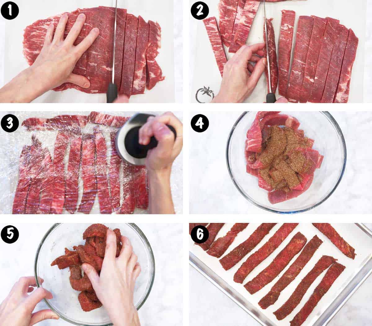 A photo collage showing steps 1-6 for making beef jerky.  