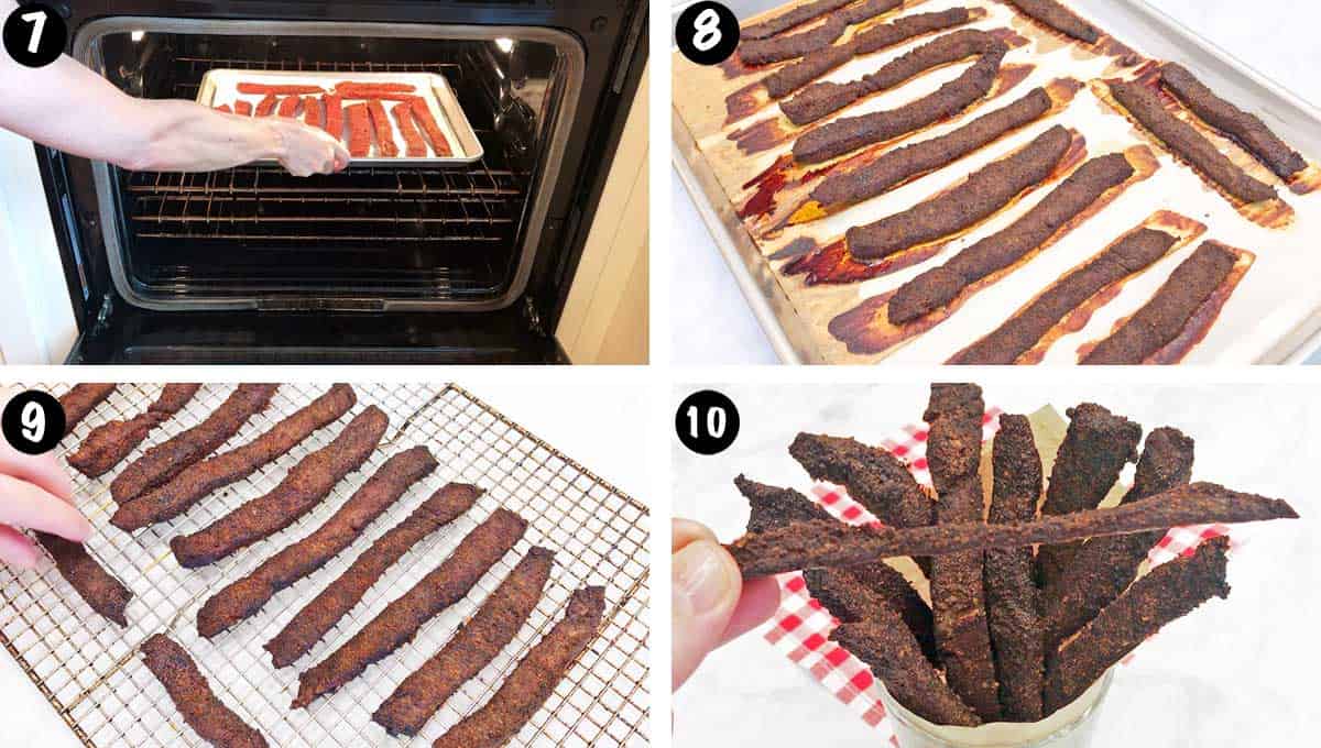 A photo collage showing steps 7-10 for making beef jerky. 
